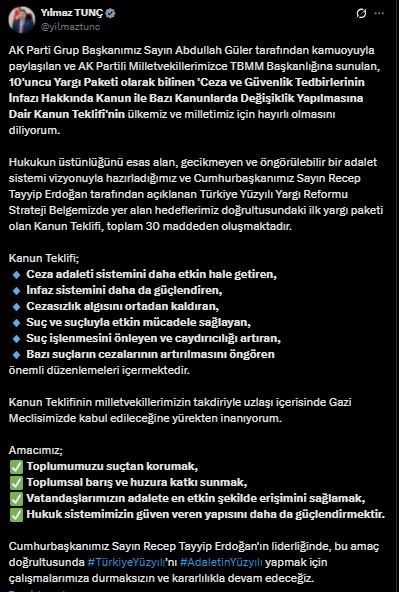 Adalet Bakanı Yılmaz Tunç, TBMM Başkanlığına sunulan ’Ceza ve Güvenlik