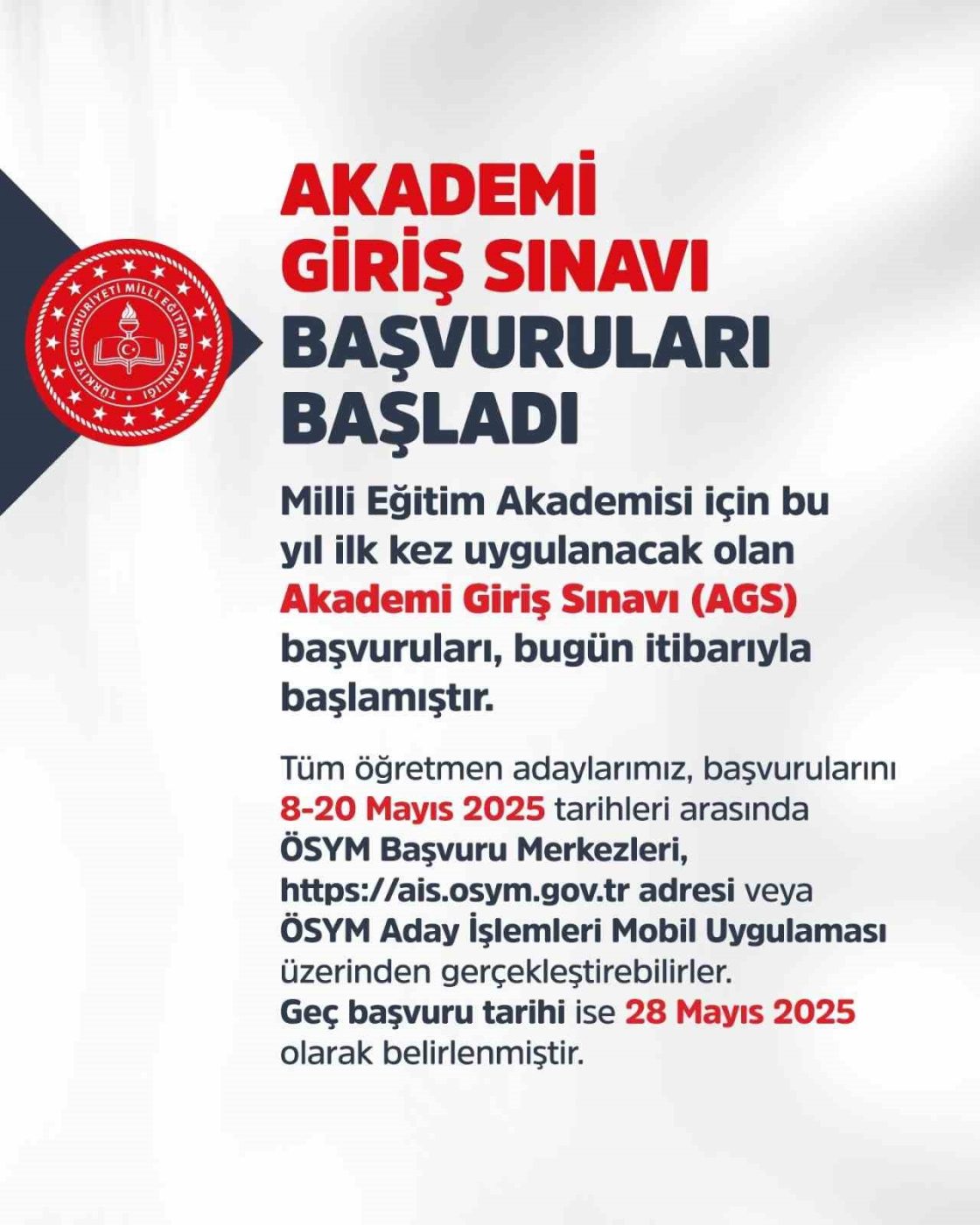 Milli Eğitim Bakanı Yusuf Tekin, Akademi Giriş Sınavı (AGS) başvurularının