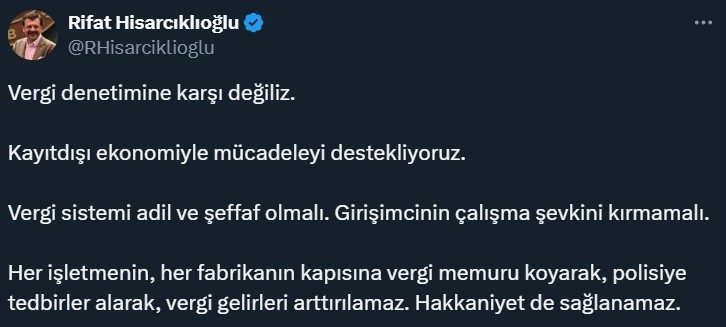 Türkiye Odalar ve Borsalar Birliği (TOBB), Başkanı Rifat Hisarcıklıoğlu, “Vergi