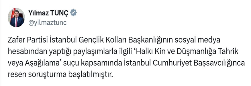 Adalet Bakanı Yılmaz Tunç, Zafer Partisi İstanbul Gençlik Kolları Başkanlığı’na