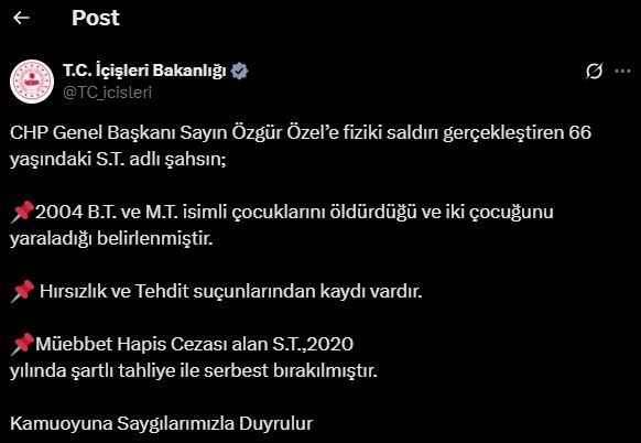 İçişleri Bakanlığı, Cumhuriyet Halk Partisi (CHP) Genel Başkanı Özgür Özel’e