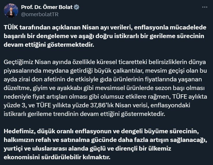 Ticaret Bakanı Ömer Bolat, “TÜFE aylıkta yüzde 3, TÜFE yıllıkta
