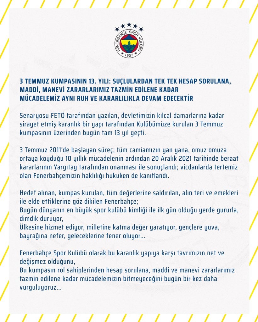 Fenerbahçe’den 3 Temmuz açıklaması