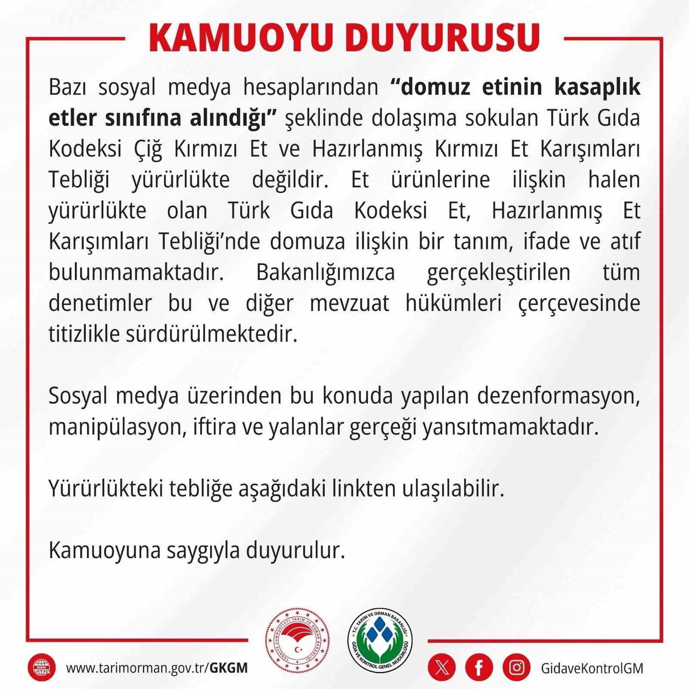 Gıda ve Kontrol Genel Müdürlüğü domuz etinin kasaplık etler sınıfına alındığı yönündeki iddiaları yalanladı