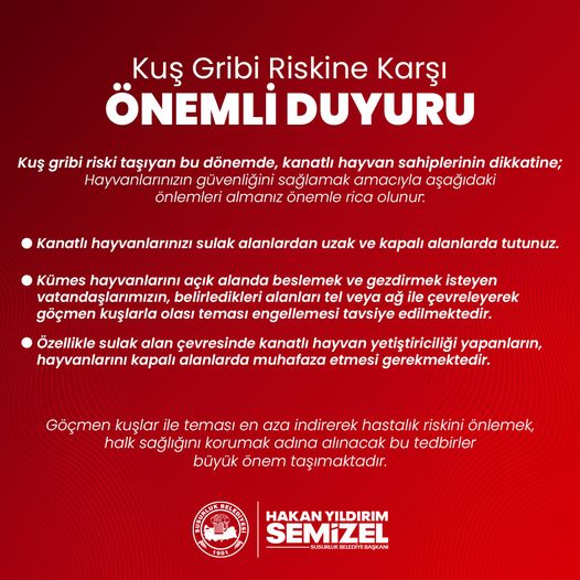 SUSURLUK BELEDİYESİ’NDEN ÖNEMLİ UYARI Susurluk Belediyesi, vatandaşları Kuş Gribi riskine karşı uyardı...