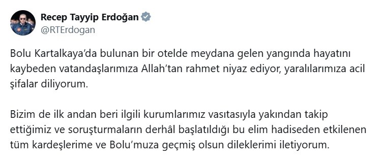 Cumhurbaşkanı Recep Tayyip Erdoğan, “Bolu Kartalkaya’da bulunan bir otelde meydana