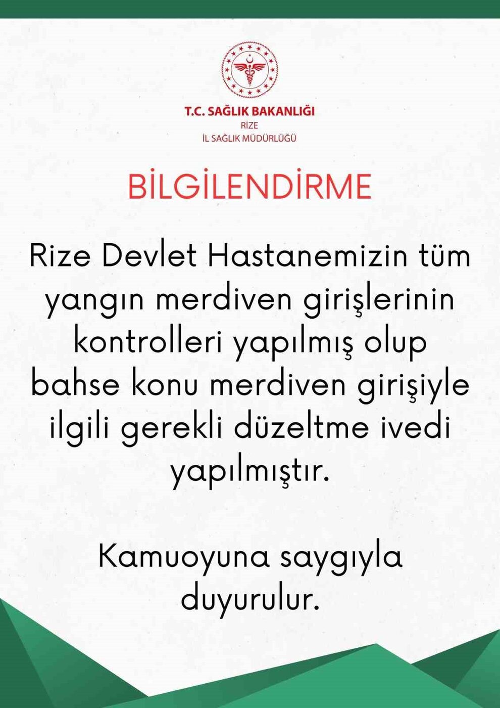 Rize Devlet Hastanesi’nde yangın merdivenlerinin kablo kanalları ile kapatılmasının ardından