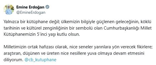 Cumhurbaşkanı Recep Tayyip Erdoğan’ın eşi Emine Erdoğan, Cumhurbaşkanlığı Millet Kütüphanesi’nin