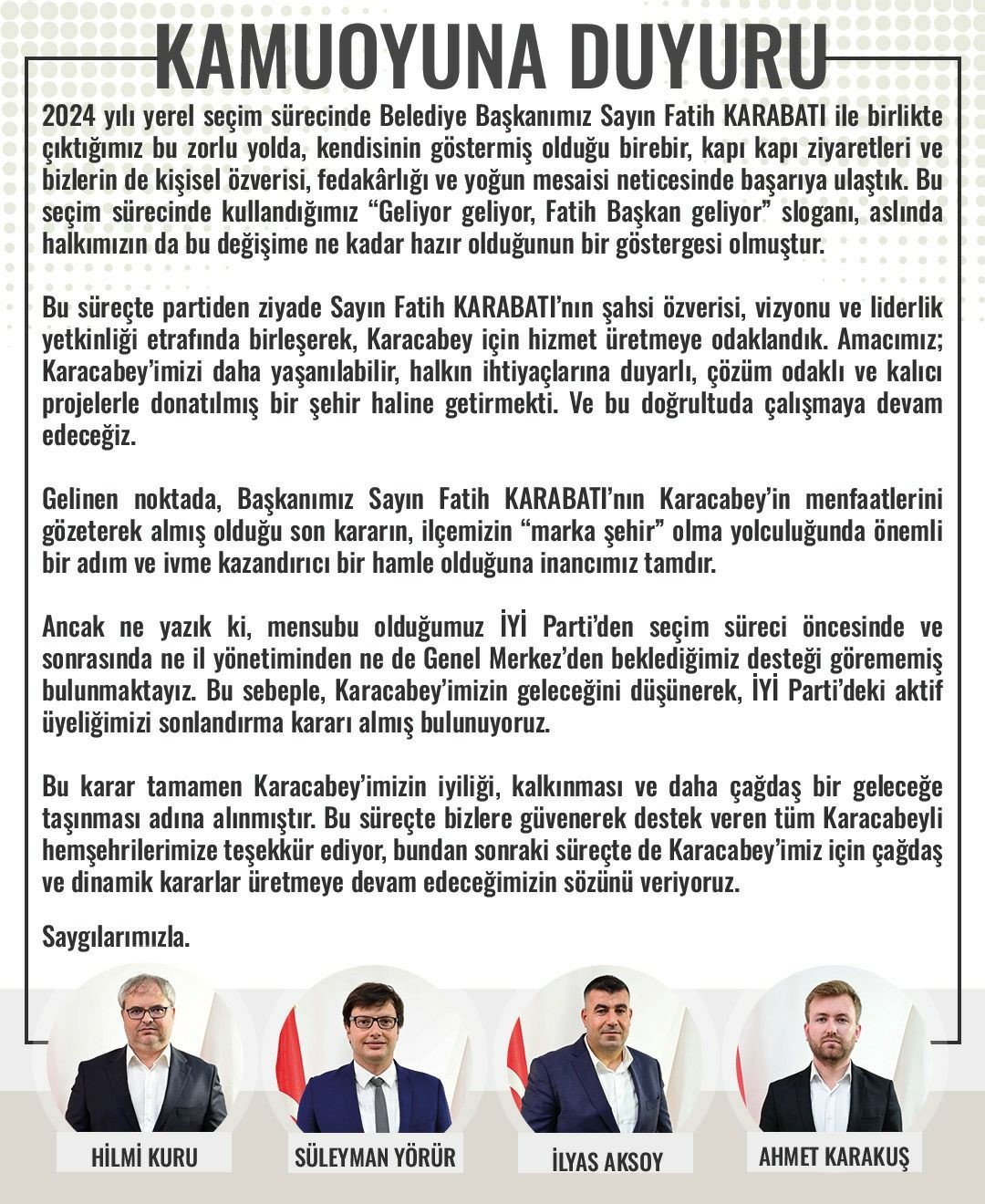 Bursa’nın Karacabey Belediye Başkanı Fatih Karabatı’ya destek verdiklerini belirten İYİ